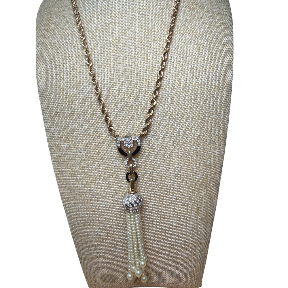 Carolee Gold Tone Faux Pearl Rhinestone Tassel Necklace Vintage Glam Statement